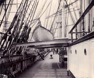 Black and white photograph along the deck of the clipper 'Port Jackson'