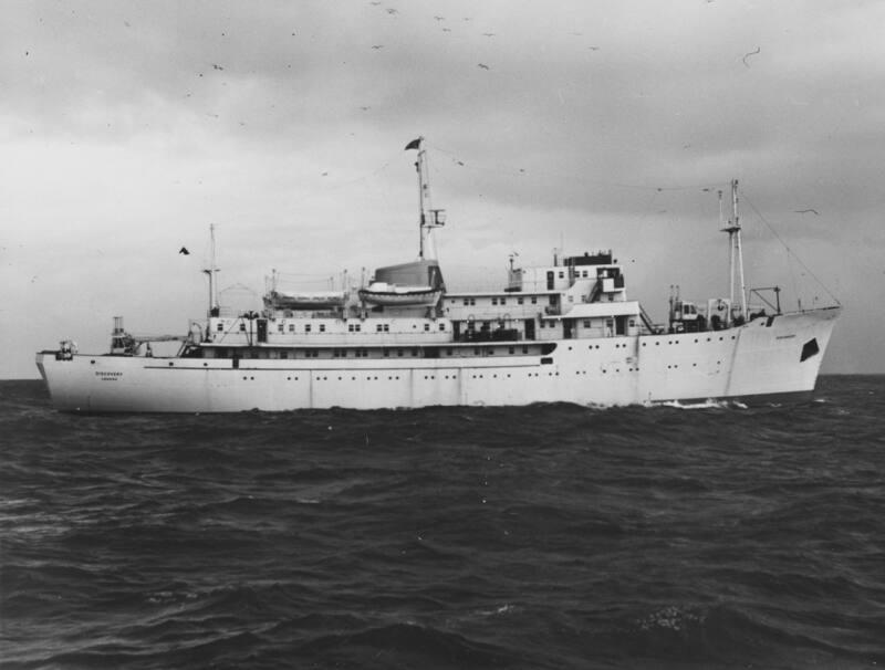 Black and white photograph showing starboard broadside of FRV Discovery