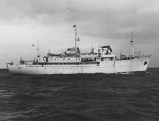 Black and white photograph showing starboard broadside of FRV Discovery