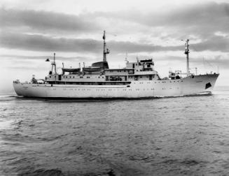 Black and white photograph showing starboard broadside of FRV Discovery