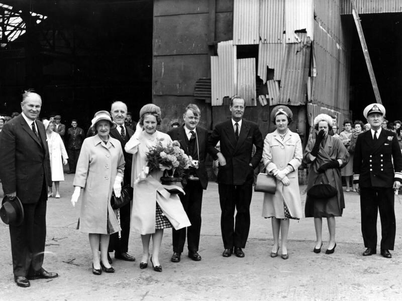 Black and white photograph showing launch party for FRV Discovery