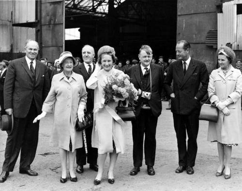 Black and white photograph showing launch party for FRV Discovery