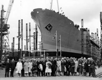 Black and white photograph showing launch party for FRV Discovery
