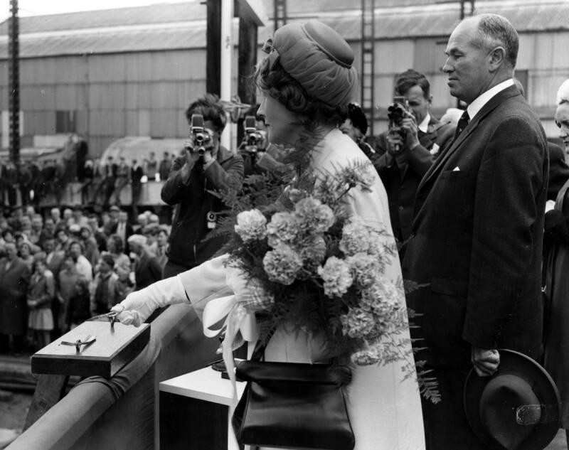 Black and white photograph showing launch party for FRV Discovery