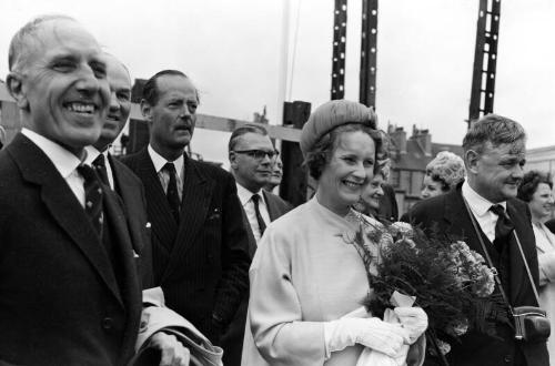 Black and white photograph showing launch party for FRV Discovery
