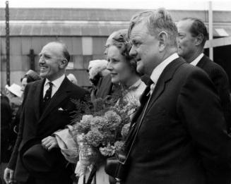 Black and white photograph showing launch party for FRV Discovery