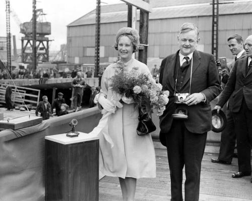 Black and white photograph showing launch party for FRV Discovery