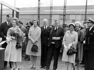 Black and white photograph showing launch party for FRV Discovery