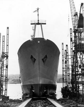 Black and white photograph showing launching of the Discovery