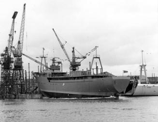 Black and white photograph showing launching of the Discovery