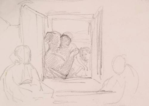 Study of Window-Two Figures Indoors and Three Outdoors