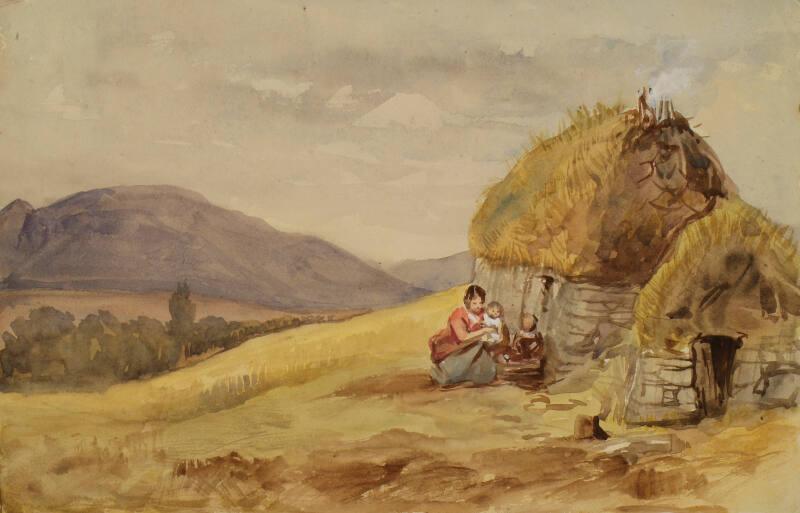 A Mother Crouching in front of a Stone Cottage
