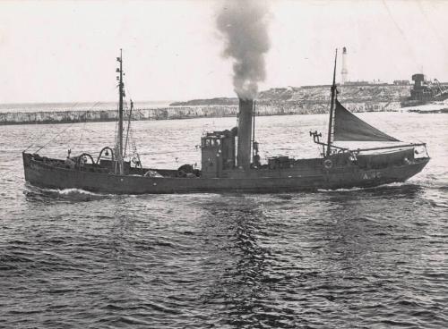 Black and white photograph Showing The Port Side Of The Trawler Sn340 'ben Meidie' Entering Abe…