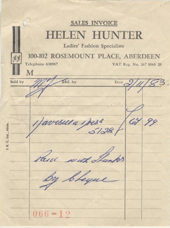 Helen Hunter Receipt