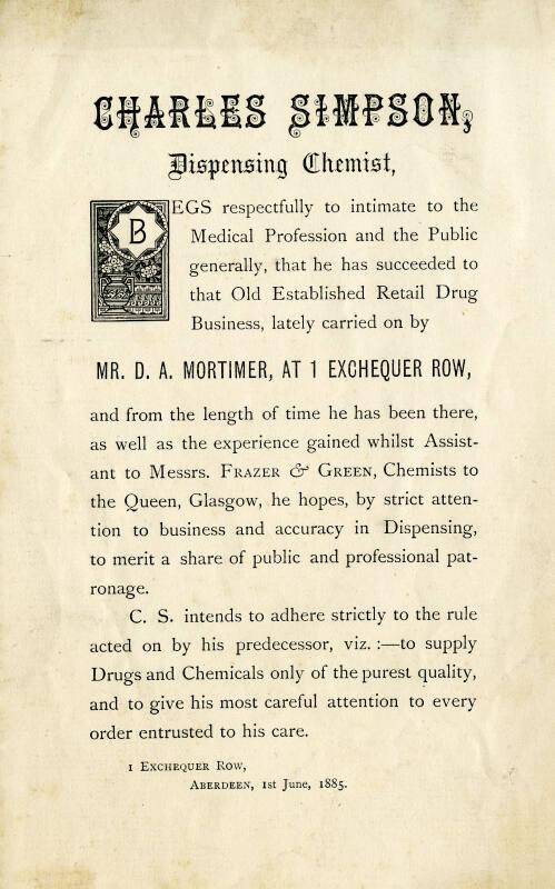 Handbill indicating that Mr Charles Simpson has taken over the business of Mr D. A. Mortimer at 1 Exchequer Row.