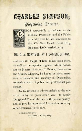 Handbill indicating that Mr Charles Simpson has taken over the business of Mr D. A. Mortimer at 1 Exchequer Row.