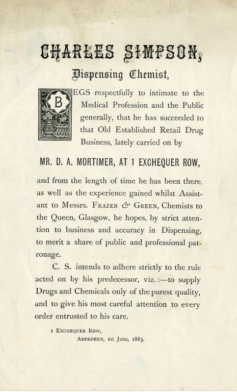 Handbill indicating that Mr Charles Simpson has taken over the business of Mr D. A. Mortimer t …