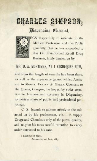Handbill indicating that Mr Charles Simpson has taken over the business of Mr D. A. Mortimer t …