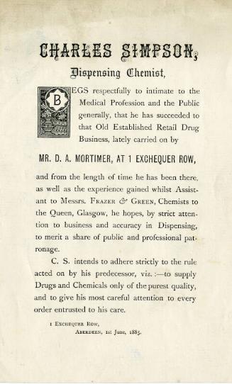 Handbill indicating that Mr Charles Simpson has taken over the business of Mr D. A. Mortimer t …