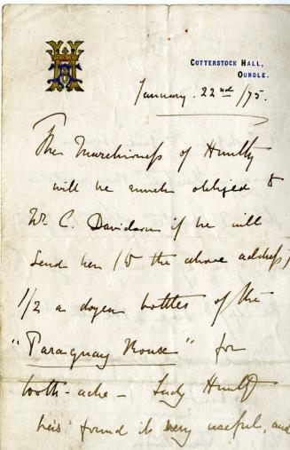 Letter From the Marchioness of Huntly Asking that She be Supplied with Bottles of Paraguay Roux…