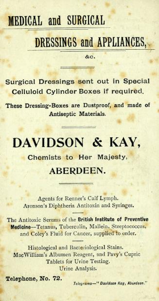 Advert for Medical and Surgical Dressings and Appliances
