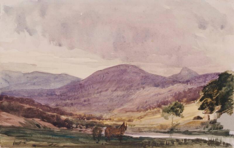 Landscape of Hills, Cottage and Two Horses