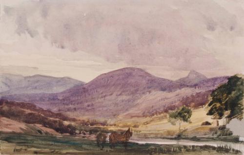 Landscape of Hills, Cottage and Two Horses