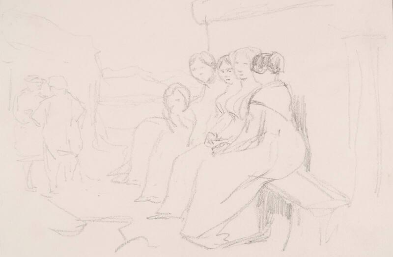 Five Women Sitting Outdoors on a Bench and Two Male Figures Nearby