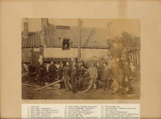 Photograph of workers of Alexander Hall Shipyard Standing in Front of Buildings, framed
