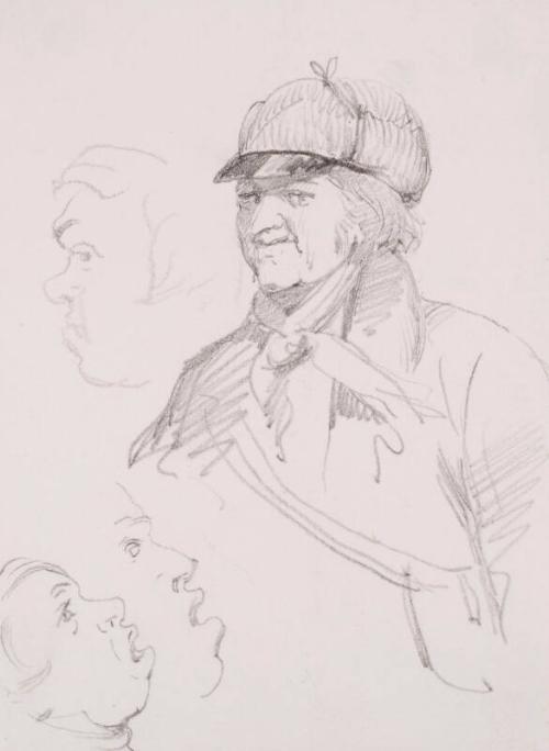 Study of a Man in Deer Stalking Attire, Three Caricatures