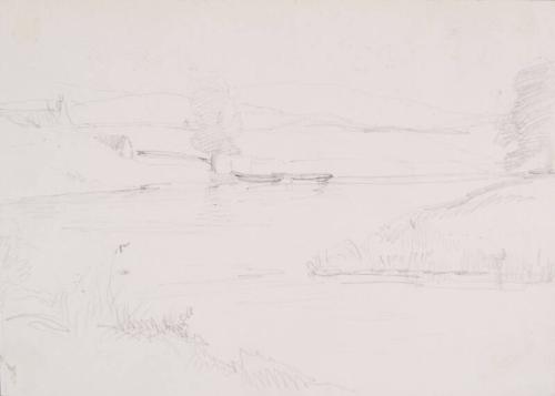 Landscape of Small Body of Water, Cottages on the Shore