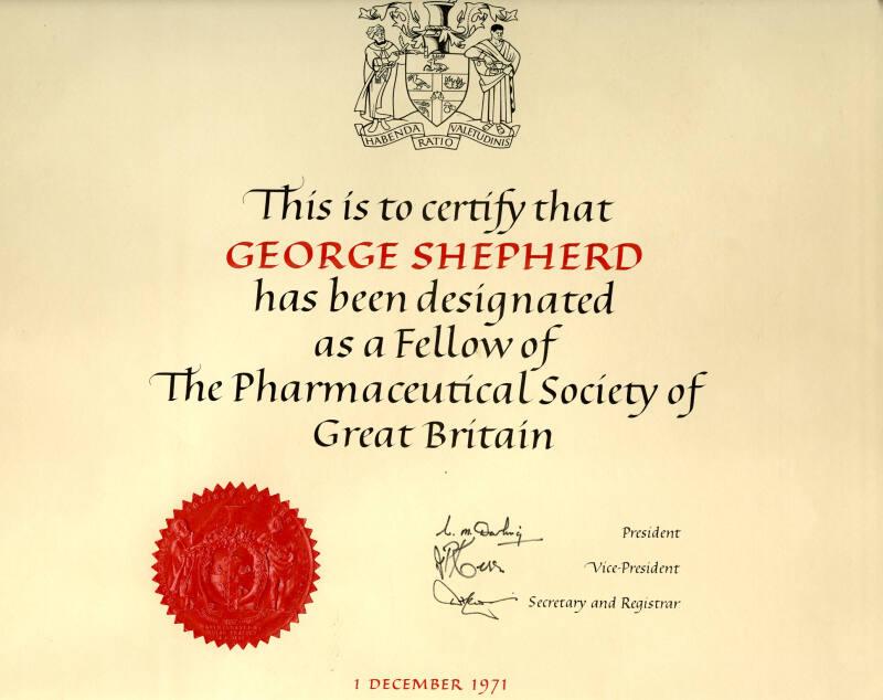 George Shepherd Made Fellow of Pharmaceutical Society of Great Britain