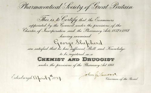 George Shepherd Registered Chemist and Druggist by Pharmaceutical Society of Great Britain