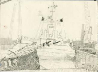 Pencil sketch of ships at harbour