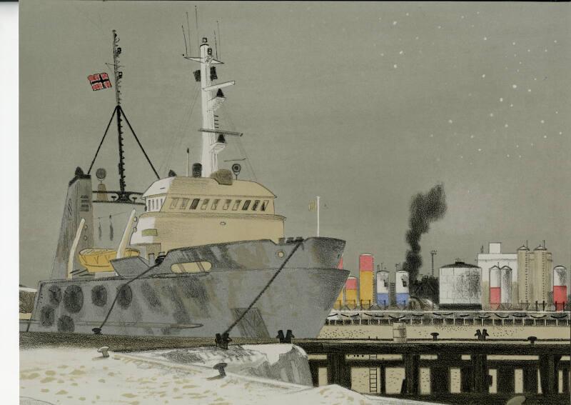 'Abandoned' - colour lithograph of a Norwegian ship tied up at harbour