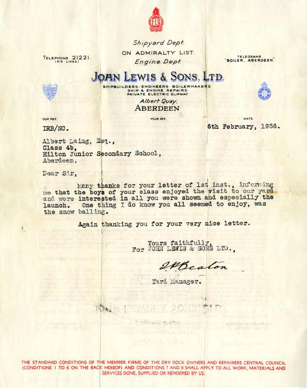 Letter from John Lewis & Sons Ltd to Albert Laing