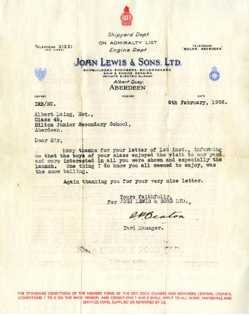 Letter from John Lewis & Sons Ltd to Albert Laing