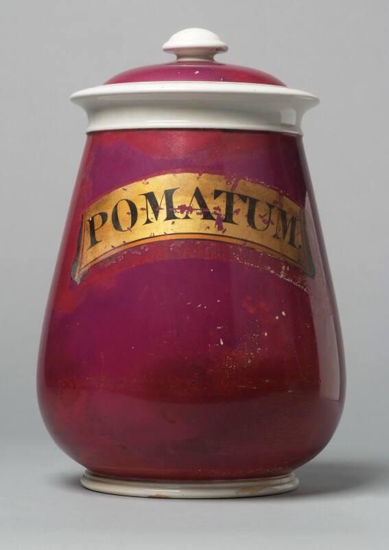 Large Mouthed, Crimson Glaze, Ointment Type Jar, Gilt Label: Pomatum