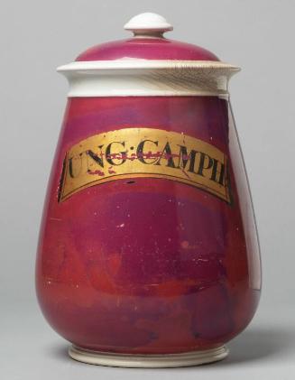 Large Mouthed, Crimson Glaze, Ointment Type Jar, Gilt Label: Ung:Camph