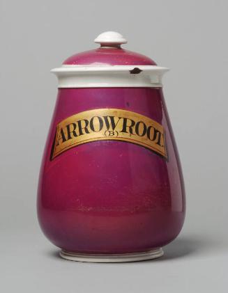 Large Mouthed, Crimson Glaze, Ointment Type Jar, Gilt Label: Arrowroot