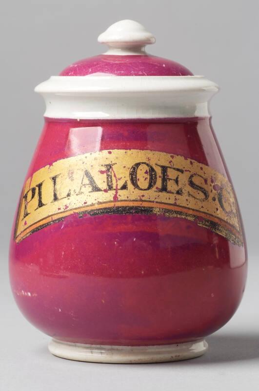 Maroon Glaze Pill Jar Gilt Label Pil Aloes.C