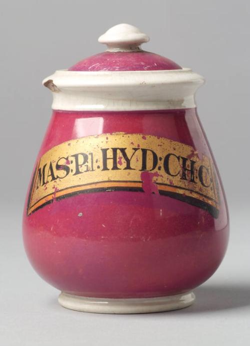 Maroon ceramic PIll Jar: Mas Pill:Hyd:Chc