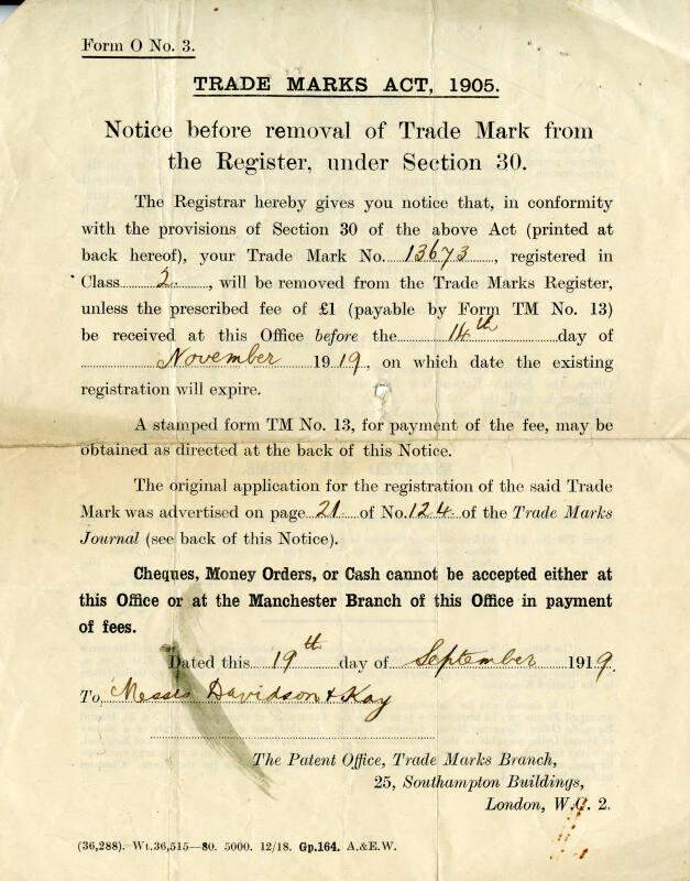 Notice Before Removal of Trade Mark from the Register