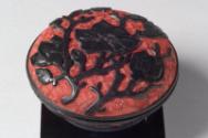 Chinese Black on Red Circular Cinnabar Lacquer Box and Stand