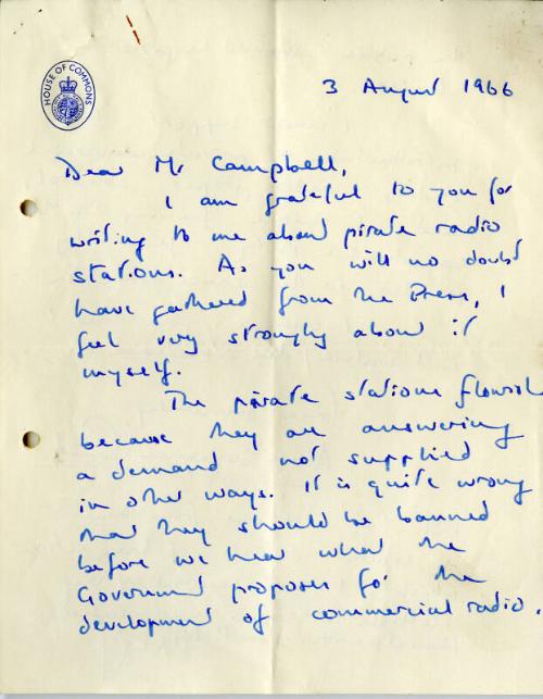 Letter Regarding Pirate and Commercial Radio