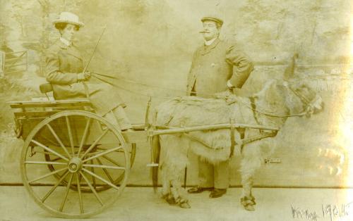 Postcard: Woman in Cart drawn by a Donkey and Standing Man with Cigar