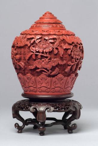 Chinese Carved Cinnabar Lacquer Vase and Cover on Stand