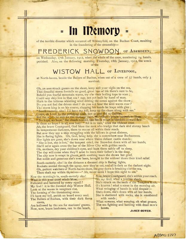 Memorial Verse To Those Lost On The "Frederick Snowdon" Of Aberdeen and "Wistow Hall" Of Liverp…