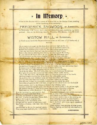 Memorial Verse To Those Lost On The "Frederick Snowdon" Of Aberdeen and "Wistow Hall" Of Liverp…