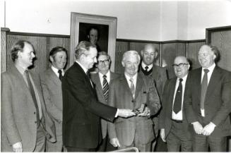 Black and white photograph Showing A Retirement Presentation To Stanley Allan, Foreman Steelwor…